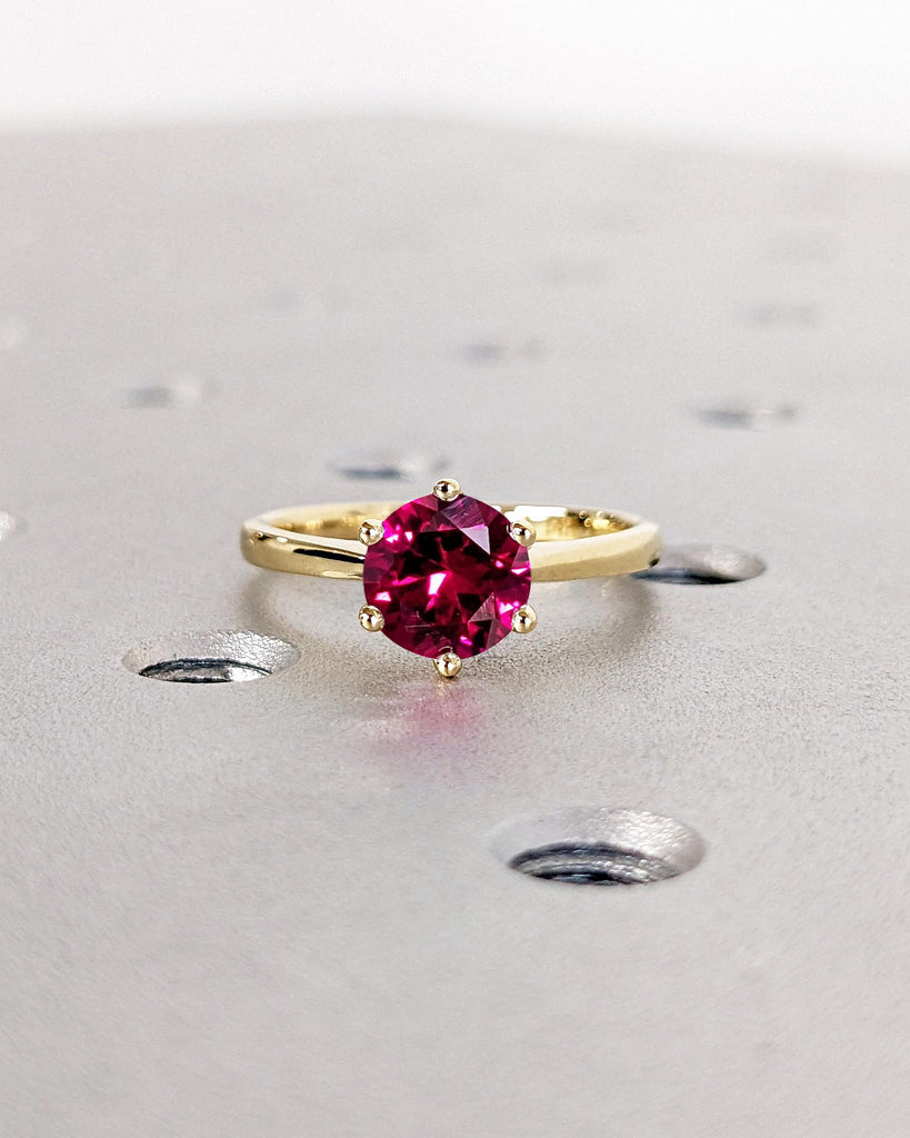 Round Lab Red Ruby Engagement Ring / Solitaire Cathedral Ring / July Birthstone / Dainty 14K Gold Promise Ring / Bridal Ring / Gift for Wife