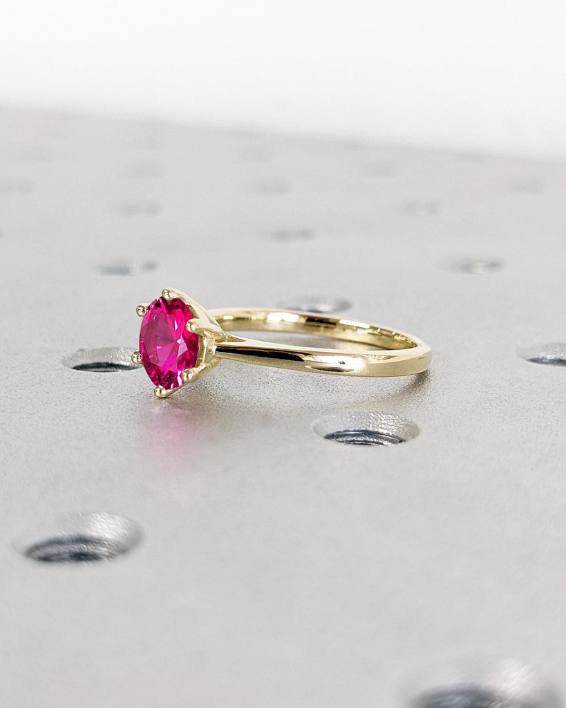 Round Lab Red Ruby Engagement Ring / Solitaire Cathedral Ring / July Birthstone / Dainty 14K Gold Promise Ring / Bridal Ring / Gift for Wife