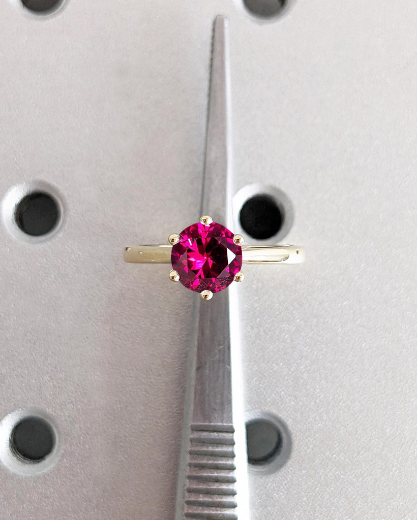 Round Lab Ruby Cathedral Engagement Ring / Red Ruby Engagement Ring / Solitaire Round Cut Ring / Dainty 14K Gold Promise Ring Gift for Wife