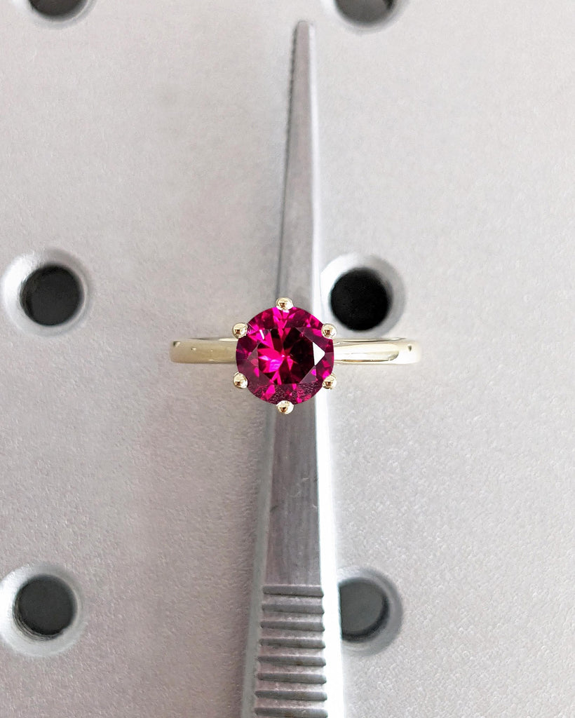 Round Lab Red Ruby Engagement Ring / Solitaire Cathedral Ring / July Birthstone / Dainty 14K Gold Promise Ring / Bridal Ring / Gift for Wife