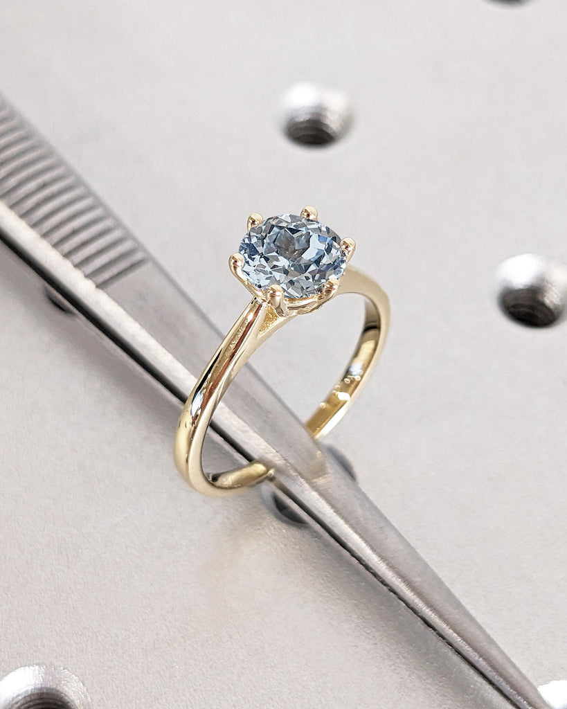 Round Lab Aquamarine Cathedral Engagement Ring, Solitaire Engagement Ring, March Birthstone, Dainty Gold Promise Ring for Her, Gift for Wife