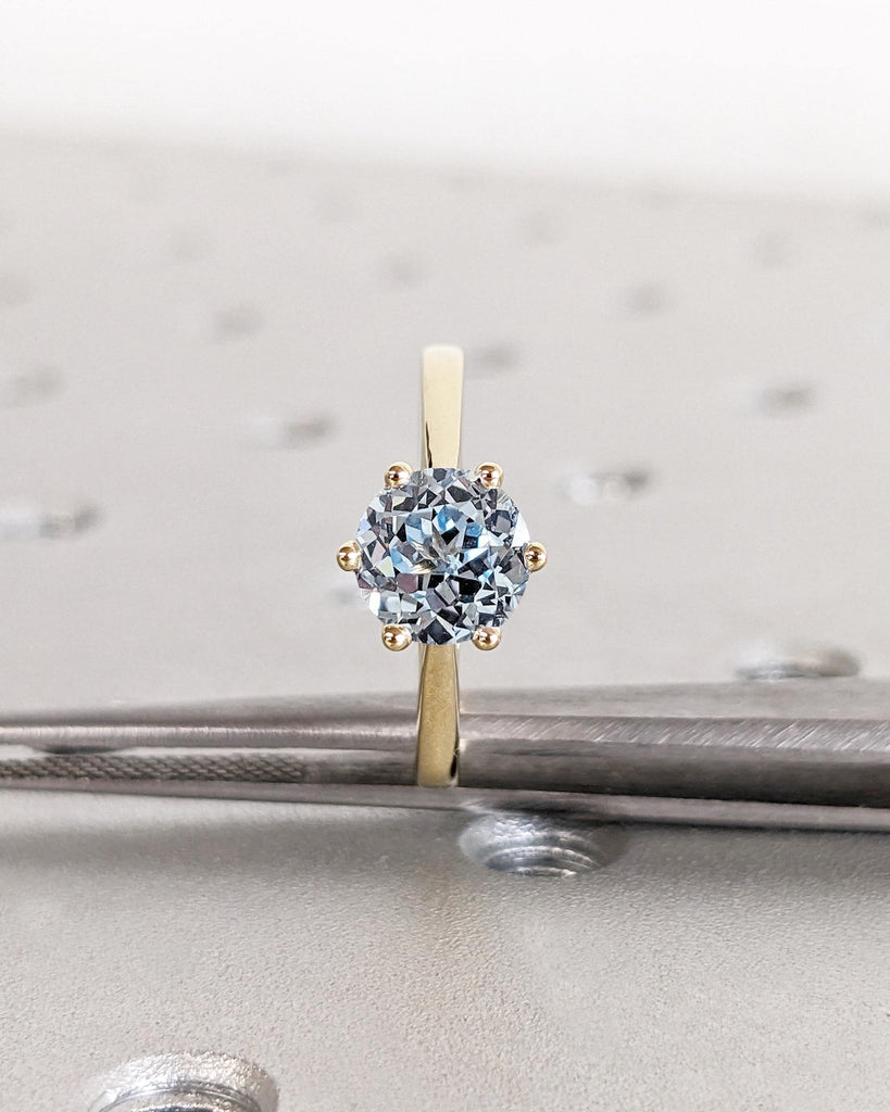Round Lab Aquamarine Cathedral Engagement Ring, Solitaire Engagement Ring, March Birthstone, Dainty Gold Promise Ring for Her, Gift for Wife
