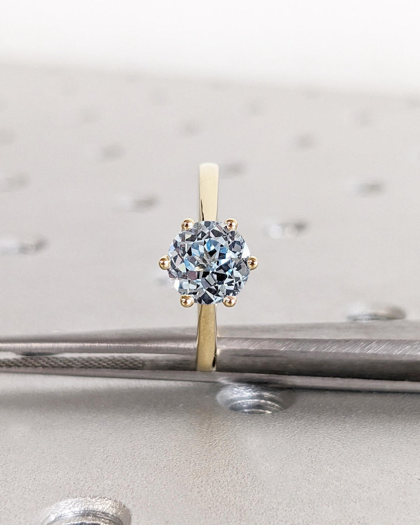 Round Cut Lab Aquamarine Engagement Ring, Light Blue Aquamarine Solitaire Cathedral Setting Ring, Simple Dainty 14K Yellow Gold Promise Ring