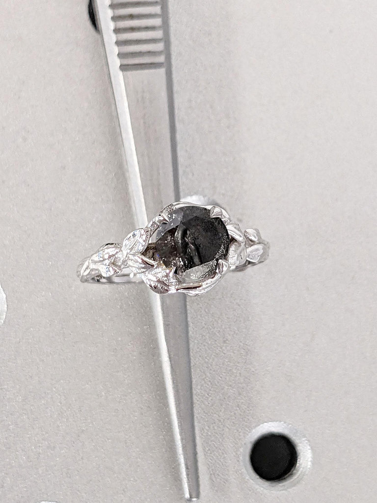 18k White Gold Twigs and Leaves Ring | Unique Engagement Ring | 1ct Salt and Pepper Diamond