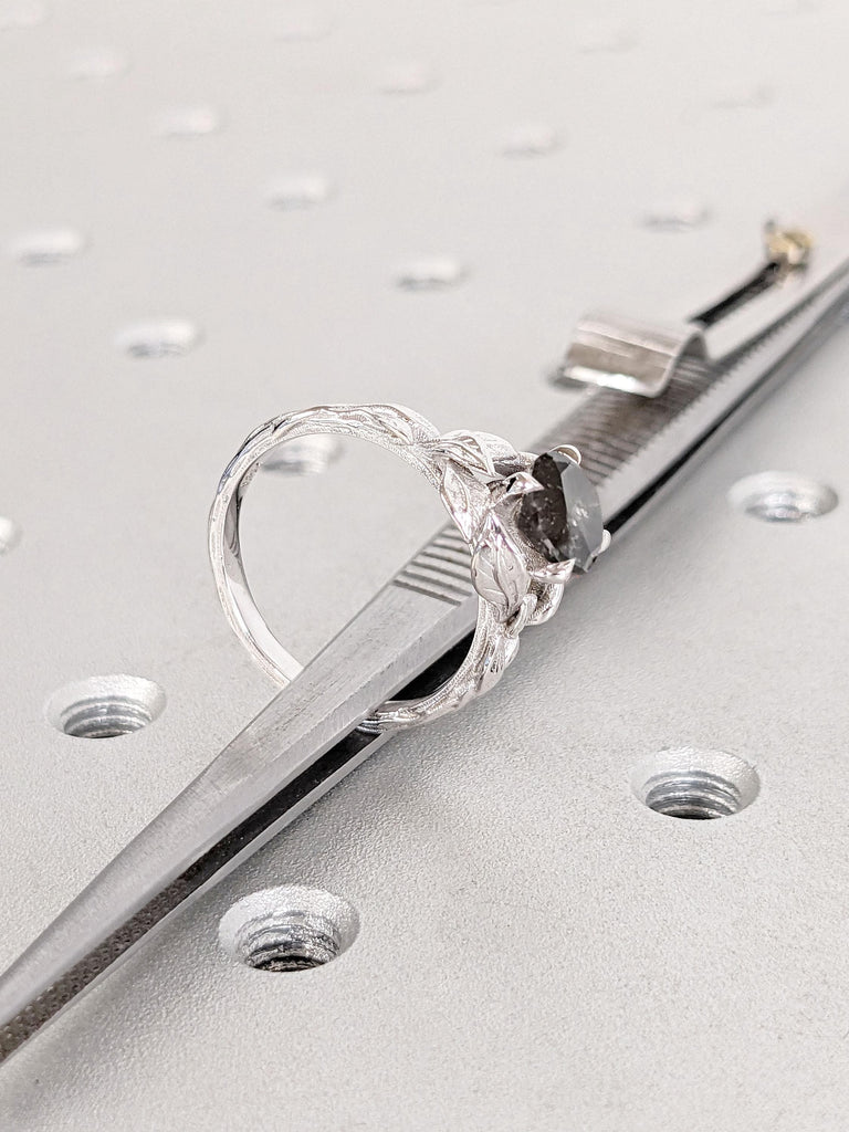 1ct, 2 Carat Natural Salt and Pepper Grey Diamond Solitaire Engagement Ring | Round Engagement Ring | Nature Inspired Ring | 14k 18k Gold