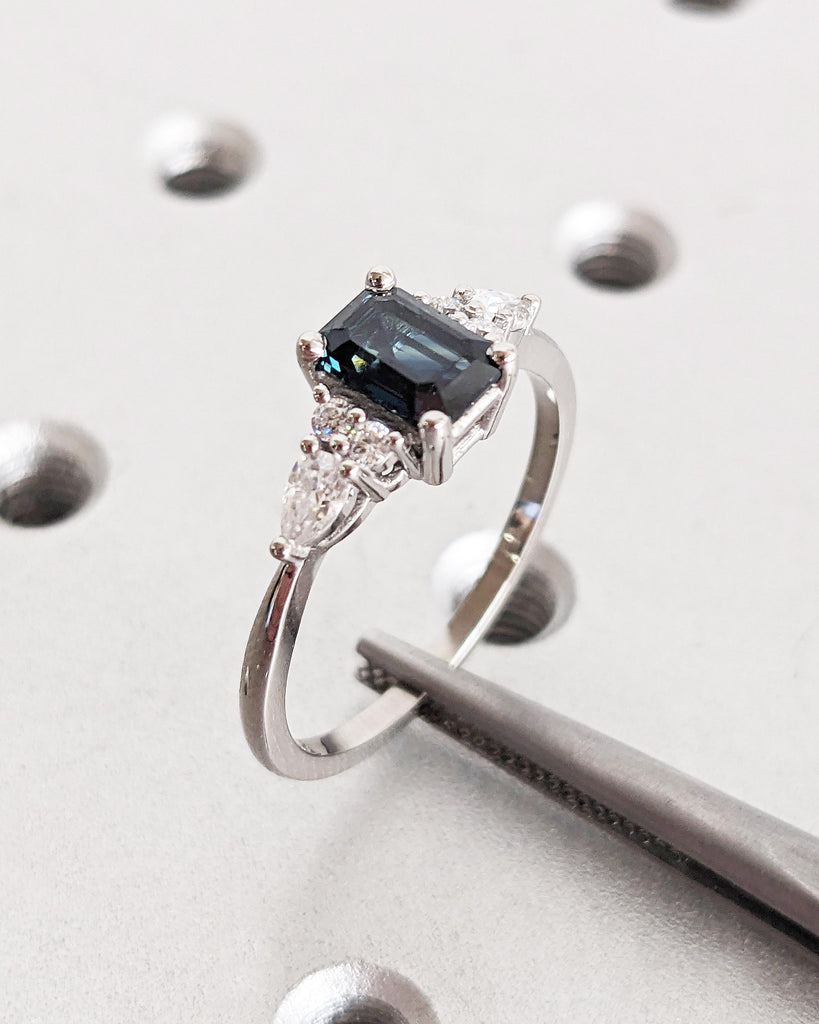 Teal Sapphire Ring | Vintage Emerald Cut Engagement Ring | Platinum or Solid Gold Ring | Unique Antique Wedding Ring | Promise Ring for Her
