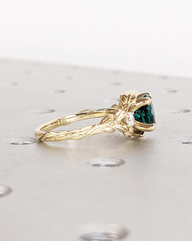 Nature Inspired Green Lab Emerald Engagement Ring Leaves Band, Moissanite Diamond Wedding Ring Leaf Vine Branch, Alternative Engagement Ring
