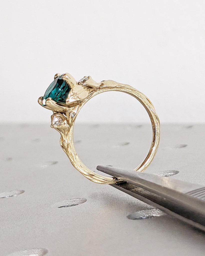 Nature Inspired Green Lab Emerald Engagement Ring Leaves Band, Moissanite Diamond Wedding Ring Leaf Vine Branch, Alternative Engagement Ring