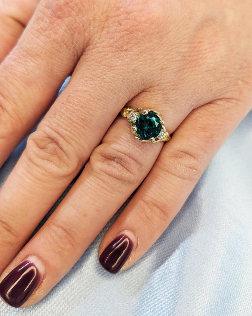 Nature Inspired Green Lab Emerald Engagement Ring Leaves Band, Moissanite Diamond Wedding Ring Leaf Vine Branch, Alternative Engagement Ring