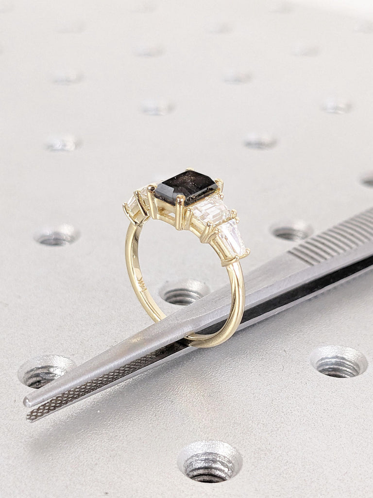 14k Yellow Gold Engagement Ring | Natural Salt and Pepper Galaxy Diamond Rings for Women | Baguette Ring | Five Stone Ring Anniversary Gift image #4