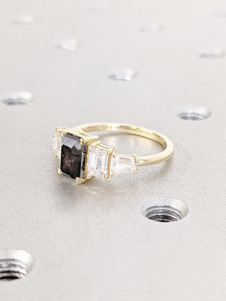 14k Yellow Gold Engagement Ring | Natural Salt and Pepper Galaxy Diamond Rings for Women | Baguette Ring | Five Stone Ring Anniversary Gift image #6