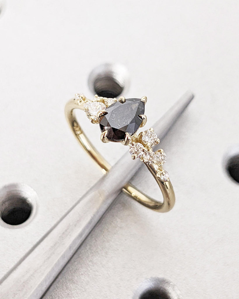 Pear Salt And Pepper Diamond Engagement Ring, 14K Yellow Gold Unique Snowdrift 6 Prong Engagement Ring, Art Deco Diamond Cluster Bridal Ring