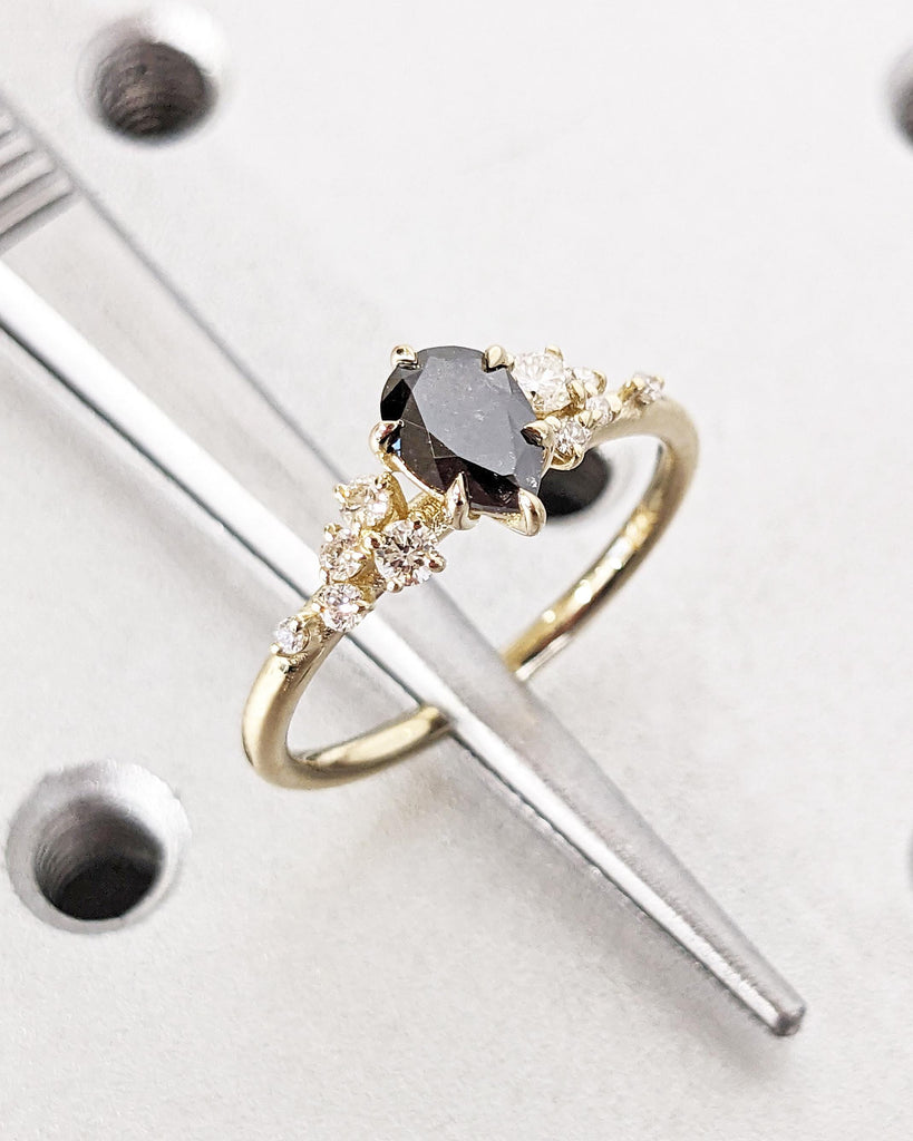 Pear Salt And Pepper Diamond Engagement Ring, 14K Yellow Gold Unique Snowdrift 6 Prong Engagement Ring, Art Deco Diamond Cluster Bridal Ring