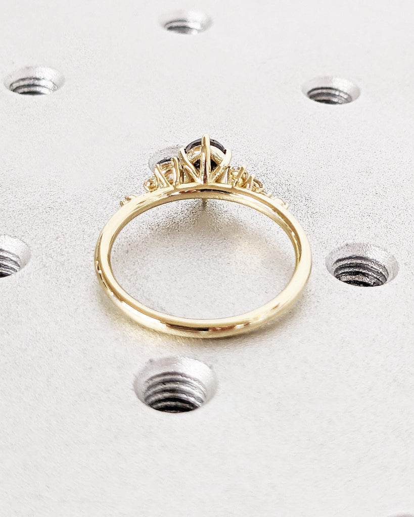 Pear Salt And Pepper Diamond Engagement Ring, 14K Yellow Gold Unique Snowdrift 6 Prong Engagement Ring, Art Deco Diamond Cluster Bridal Ring