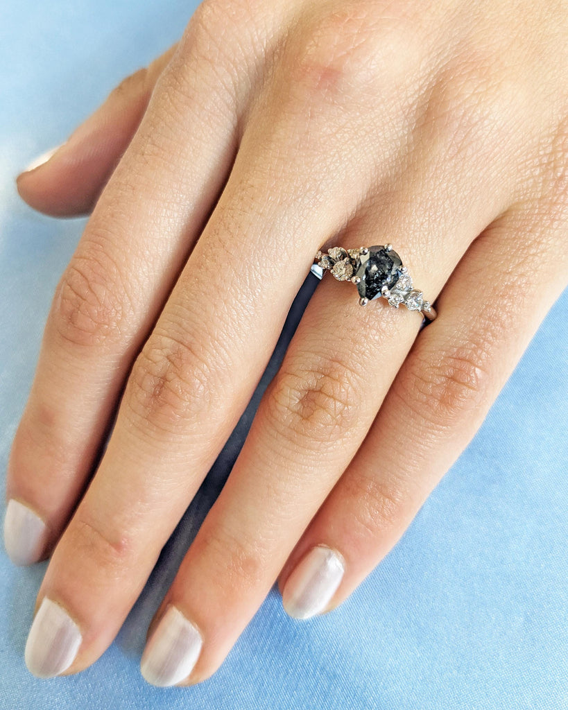 Pear Salt And Pepper Diamond Engagement Ring, 14K Yellow Gold Unique Snowdrift 6 Prong Engagement Ring, Art Deco Diamond Cluster Bridal Ring