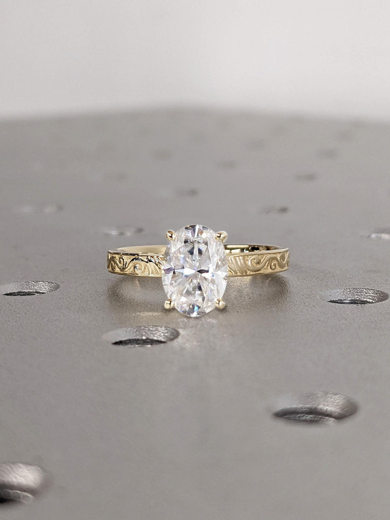 Oval cut VVS Moissanite Solitaire Promise Ring | Vintage Inspired 14K 18K Yellow Gold Band for Her | Scrollwork Pattern Women Wedding Band