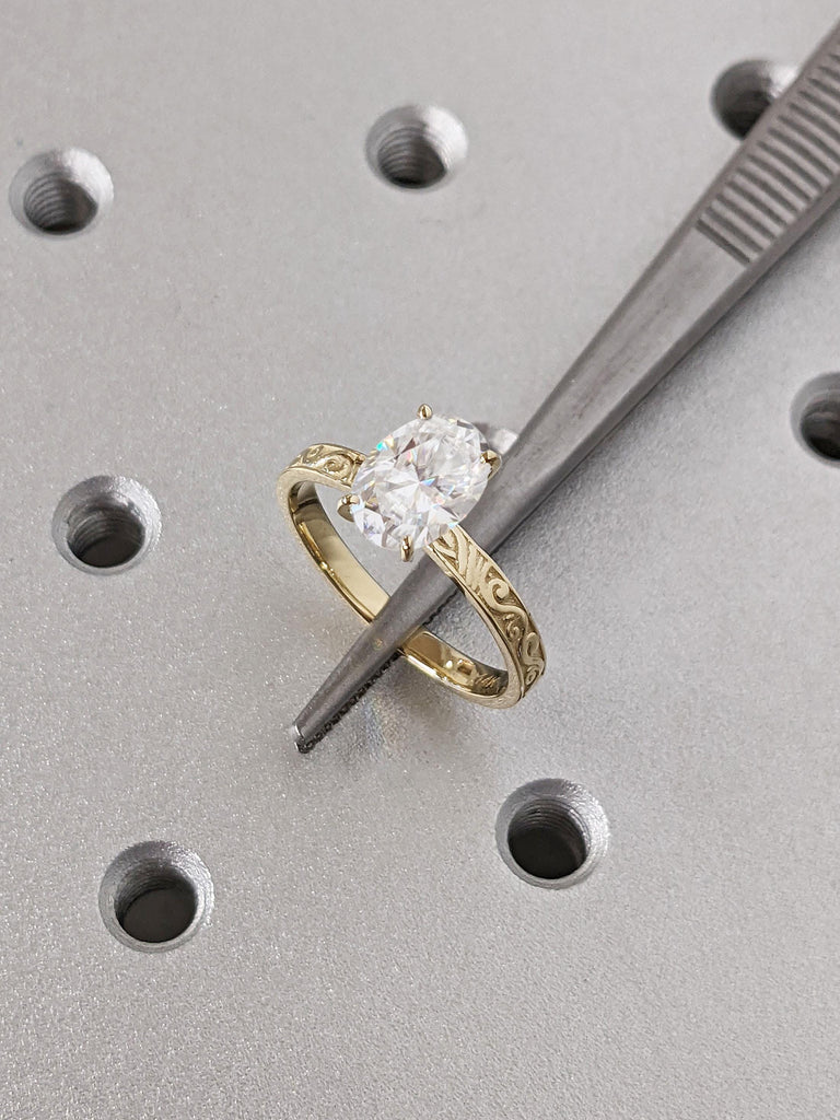 1.5ct , 2 Carat Oval cut Lab Created Diamond Solitaire Engagement Ring | 14K 18K Yellow Gold Scrollwork Engraving Wedding Anniversary Ring \ Gift for Wife