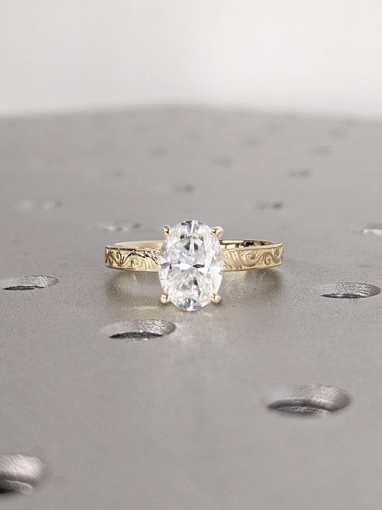 1.5ct Oval cut Lab Grown Diamond Solitaire 14K Yellow Gold Scrollwork Engraving Vintage Proposal Ring
