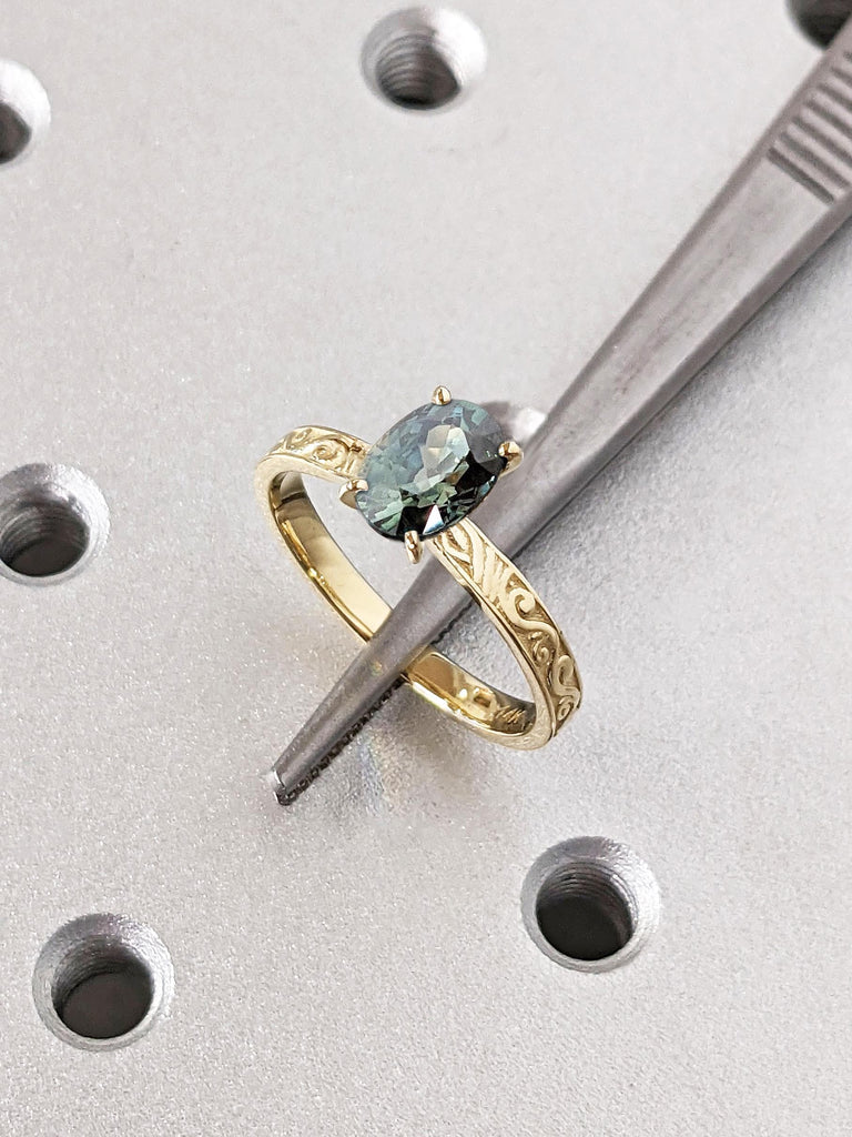 Unique Green Sapphire Ring | Antique Filigree Wedding Ring | Solid Gold Engagement Ring | Sapphire Engagement