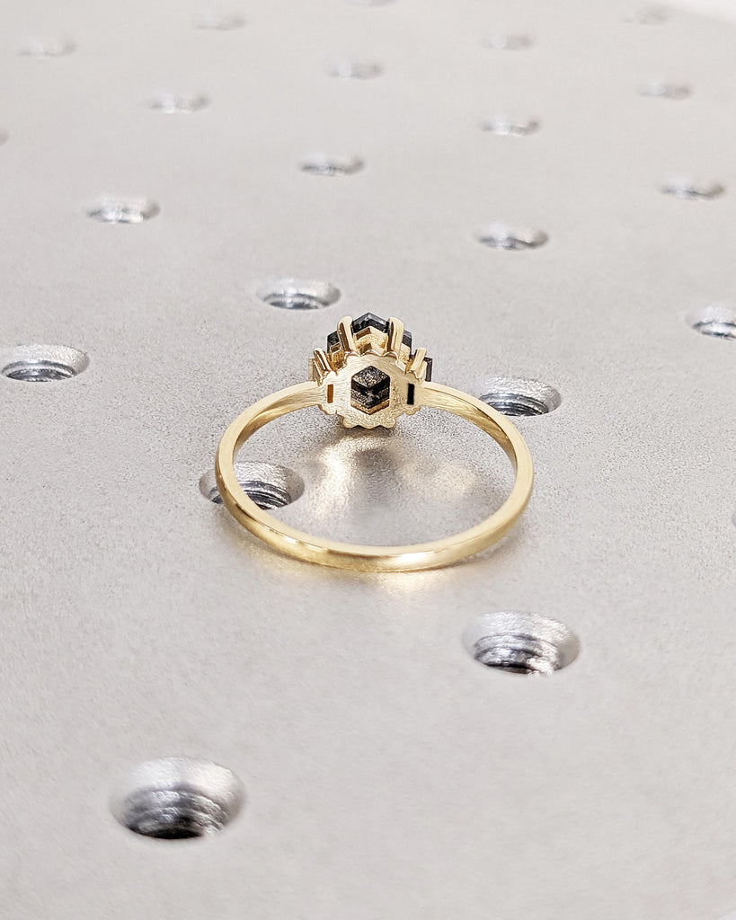 Hexagon Salt and Pepper Diamond Ring, Lab Diamond Baguette Ring, Unique Galaxy Diamond Engagement Ring, Dainty Promise Ring, Solid Gold Ring
