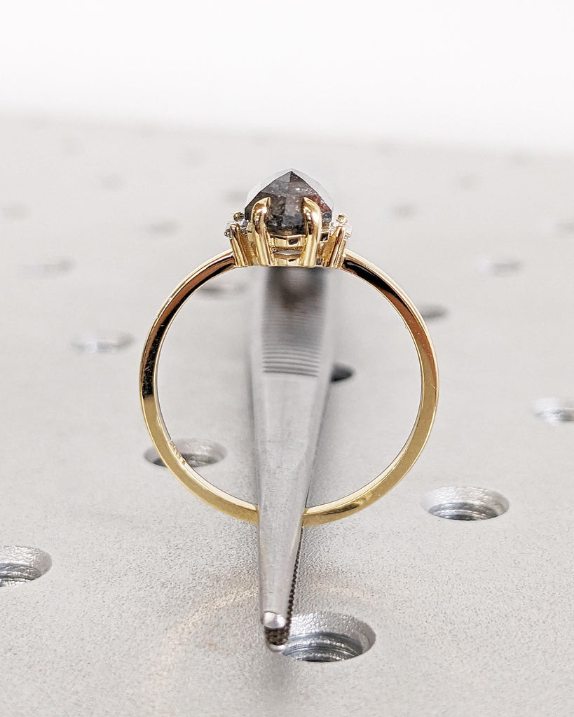 Hexagon Salt & Pepper Diamond Ring, Solid Gold Hexagon Baguette Diamond Engagement Ring, Unique Grey Galaxy Geometric Rose Cut Diamond Ring