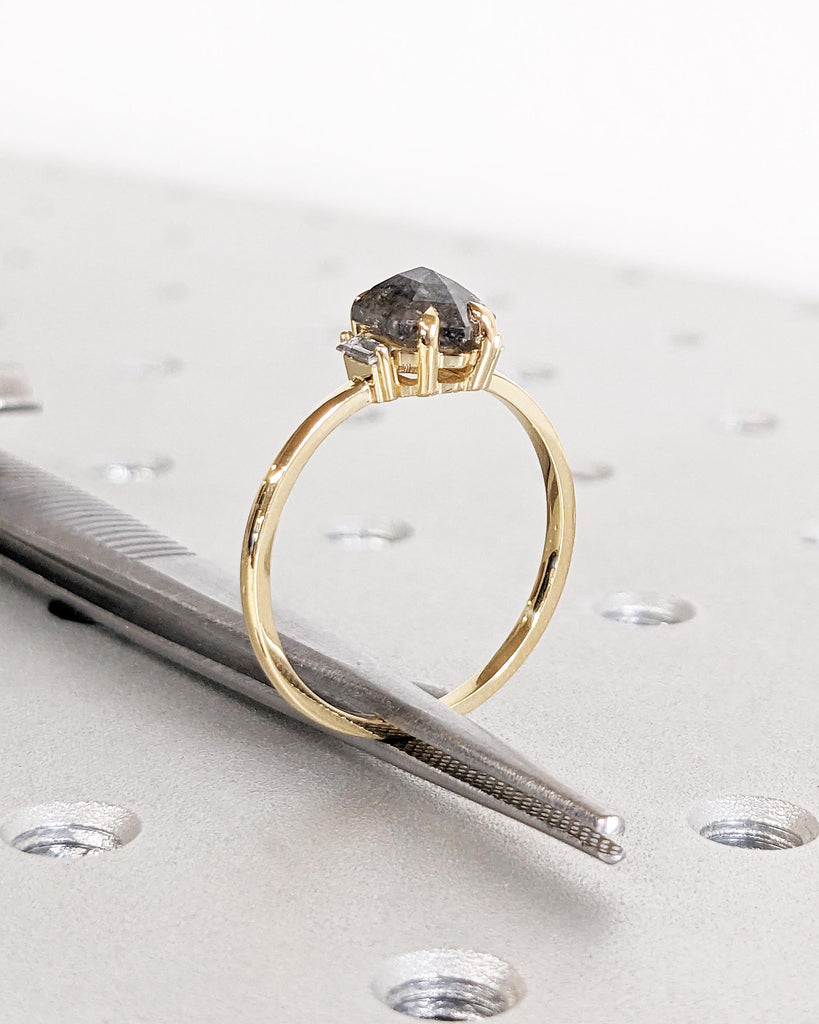 Hexagon Salt and Pepper Diamond Ring, Lab Diamond Baguette Ring, Unique Galaxy Diamond Engagement Ring, Dainty Promise Ring, Solid Gold Ring