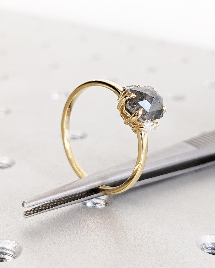 Hexagon Salt & Pepper Diamond Ring, Solid Gold Hexagon Baguette Diamond Engagement Ring, Unique Grey Galaxy Geometric Rose Cut Diamond Ring
