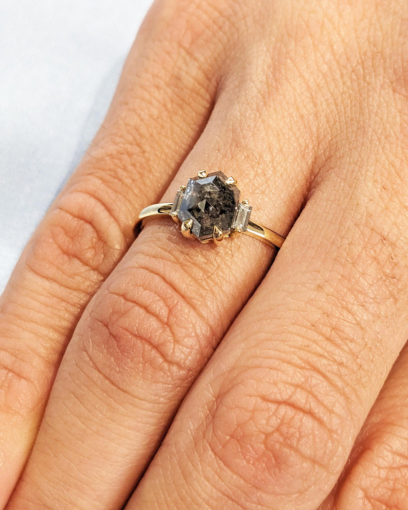 Grey Galaxy Salt & Pepper Diamond Engagement Ring, Hexagon Ring, Baguette Moissanite, Solid Gold Rose Cut Diamond Ring, Unique Proposal Ring