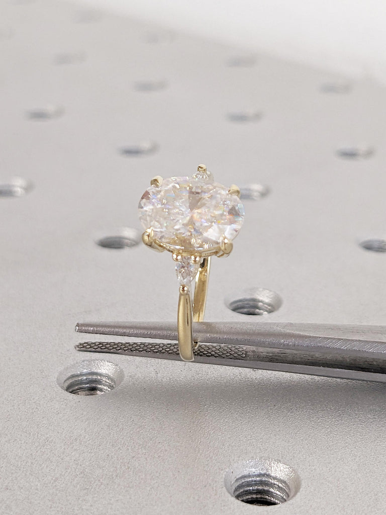 Unique Anniversary Rings for Women, Vintage 14k Solid Gold Ring, Oval 2 Carat Lab Grown Diamond Ring, Pear Lab Diamond Ring, Engagement Gift