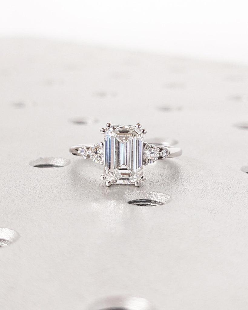 Vintage Emerald Cut Moissanite Engagement Ring | Delicate Anniversary Ring | Double Prong Set Simulated Diamond Ring | Lab Diamond Cluster