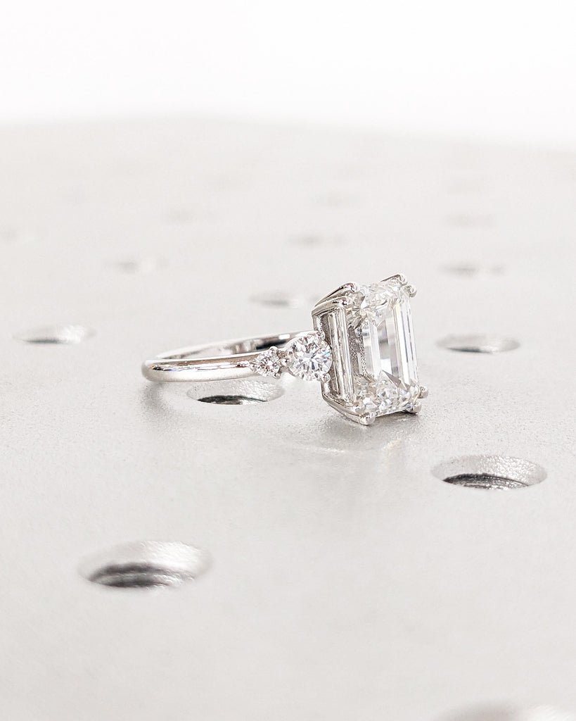 Vintage Emerald Cut Moissanite Engagement Ring | Delicate Anniversary Ring | Double Prong Set Simulated Diamond Ring | Lab Diamond Cluster