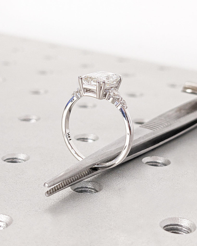 Vintage Emerald Cut Moissanite Engagement Ring | Delicate Anniversary Ring | Double Prong Set Simulated Diamond Ring | Lab Diamond Cluster