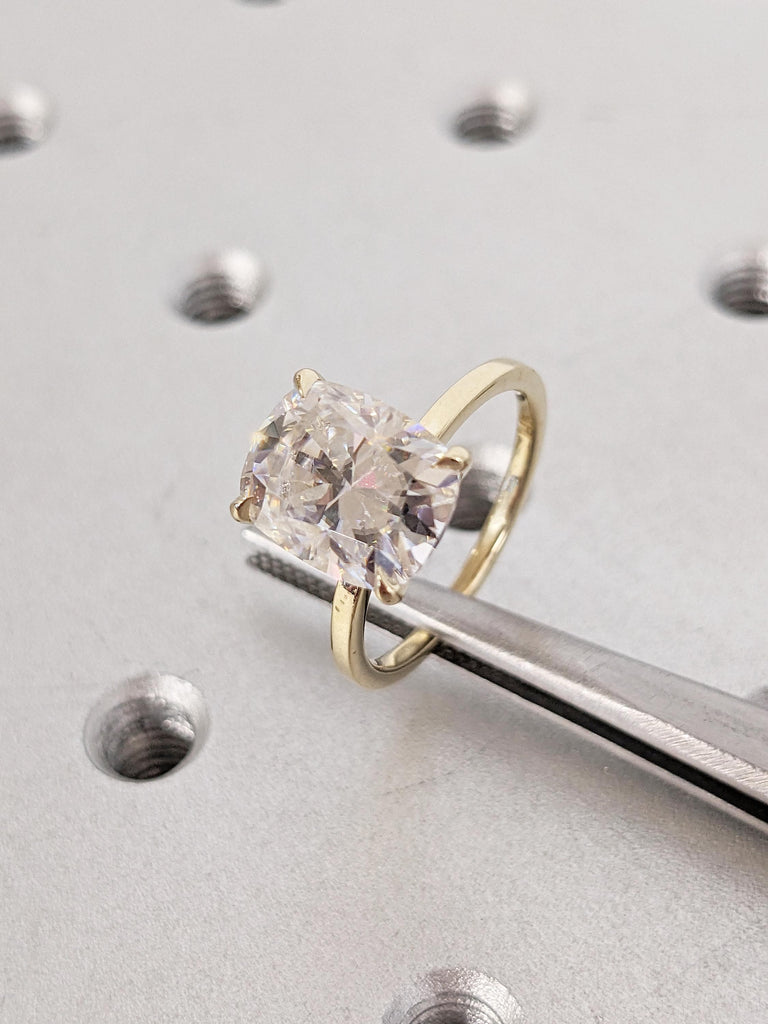 Moissanite Ring, 14k Yellow Gold Statement Ring, Cushion Cut Engagement Ring, Solitaire Anniversary Rings for Women, Birthday Gift for Wife