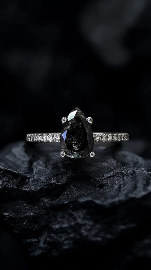 1920&#39;s Raw Salt and Pepper Diamond | Pear Diamond Ring | Unique Engagement Bridal Set | Black, Gray Pear | 14k Yellow, Rose, or White Gold