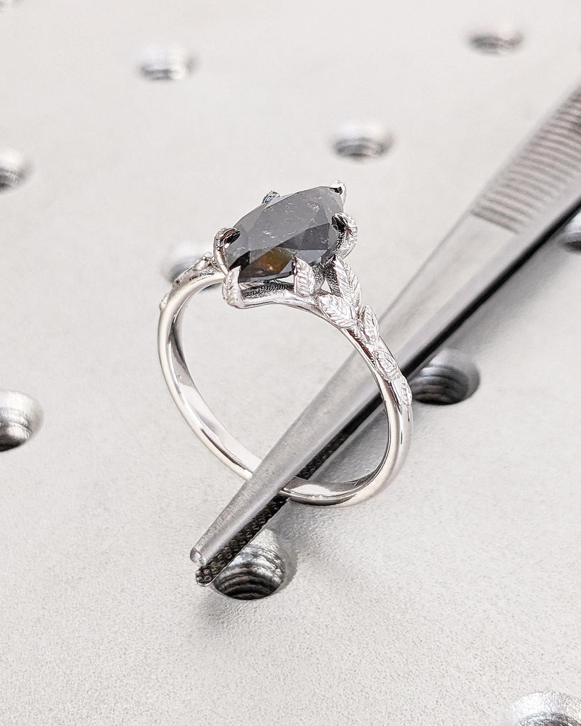 Nature Leaf Twig Salt and Pepper Diamond Marquise Ring, Marquise Cut Engagement Ring, Floral Nature Engagement Ring 14K White Gold Leaf Ring
