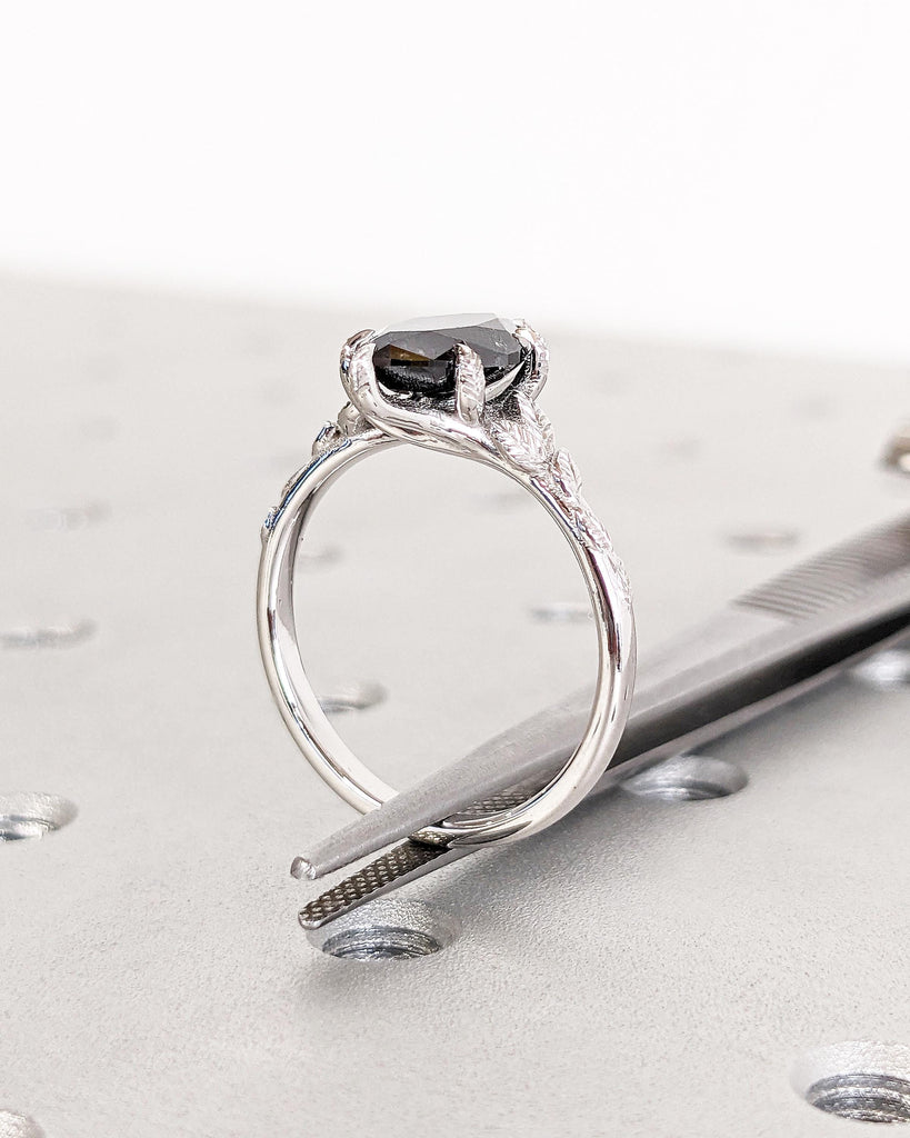Nature Leaf Twig Salt and Pepper Diamond Marquise Ring, Marquise Cut Engagement Ring, Floral Nature Engagement Ring 14K White Gold Leaf Ring