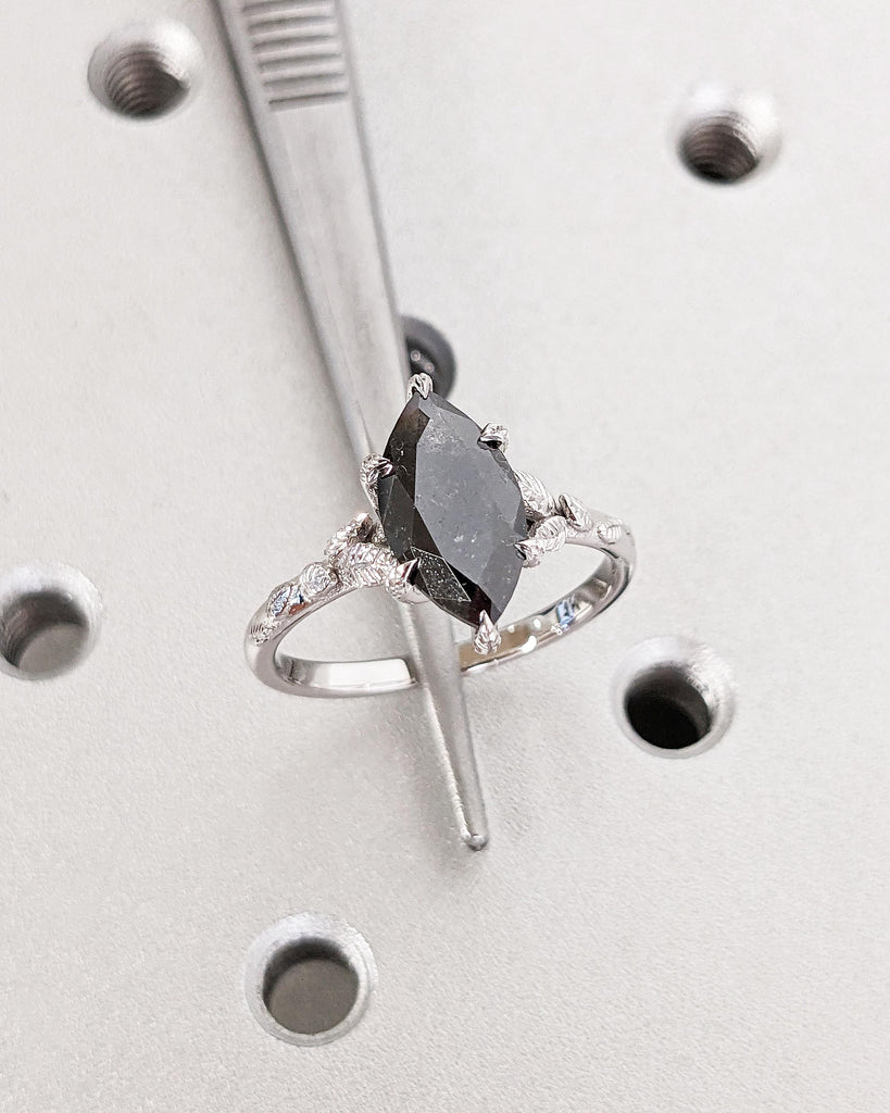 Nature Leaf Twig Salt and Pepper Diamond Marquise Ring, Marquise Cut Engagement Ring, Floral Nature Engagement Ring 14K White Gold Leaf Ring