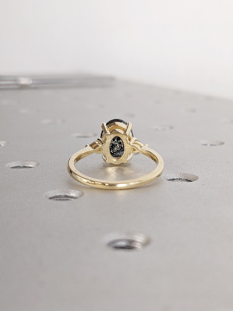 Salt and Pepper Diamond Ring, Art Deco Solid Gold Statement Ring, Oval Engagement Ring, Diamond Anniversary Ring, Unique Bridal Gift for Her