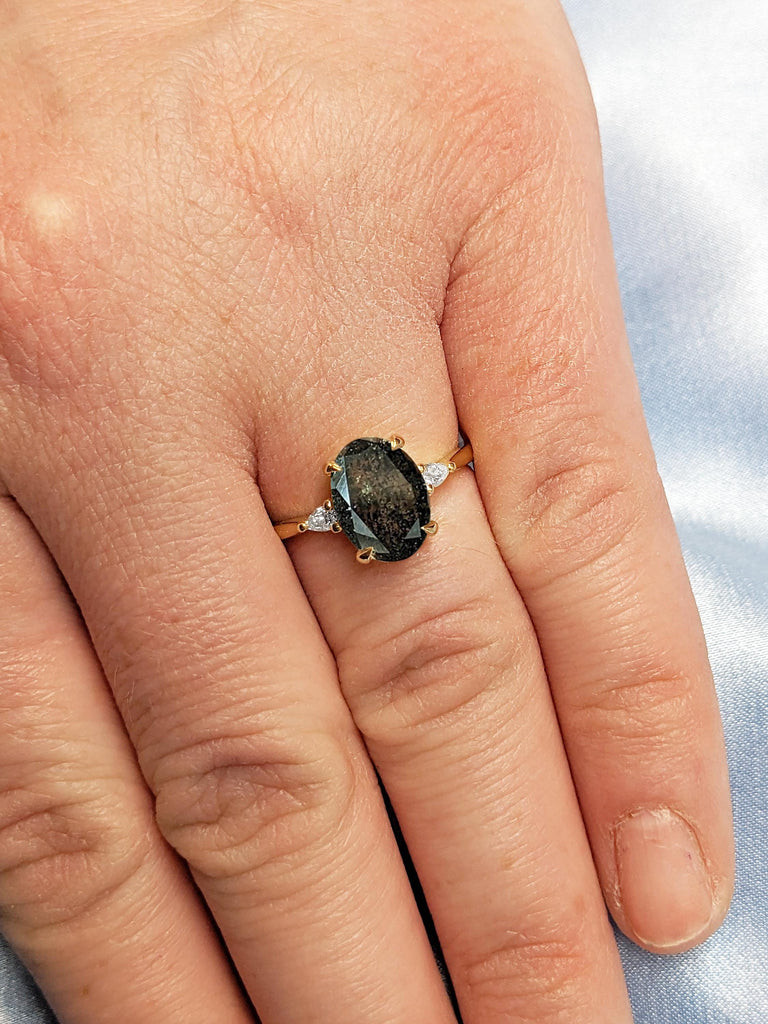 Salt and Pepper Diamond Ring, Art Deco Solid Gold Statement Ring, Oval Engagement Ring, Diamond Anniversary Ring, Unique Bridal Gift for Her