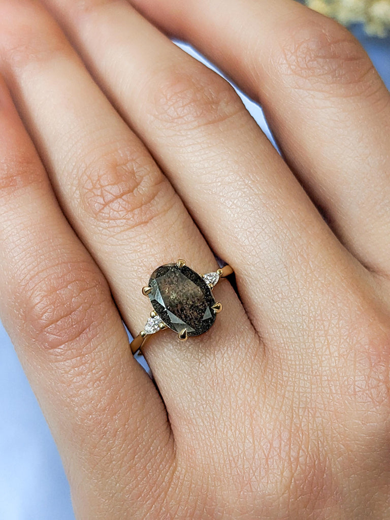 Salt and Pepper Diamond Ring, Art Deco Solid Gold Statement Ring, Oval Engagement Ring, Diamond Anniversary Ring, Unique Bridal Gift for Her