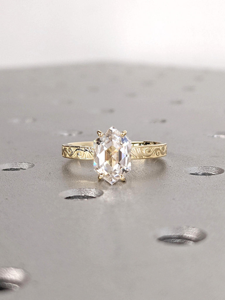 Vintage Inspired 14K 18K Yellow Gold Rings for Women | Hexagon cut Moissanite Solitaire Promise Ring | Scrollwork Pattern Women Wedding Band