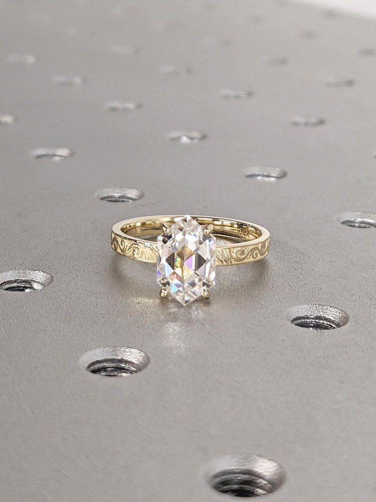 14K Yellow Gold Scrollwork Filigree Swirling Pattern Engraving Wedding Ring | Vintage Engagement Ring | 1.5ct Moissanite Ring