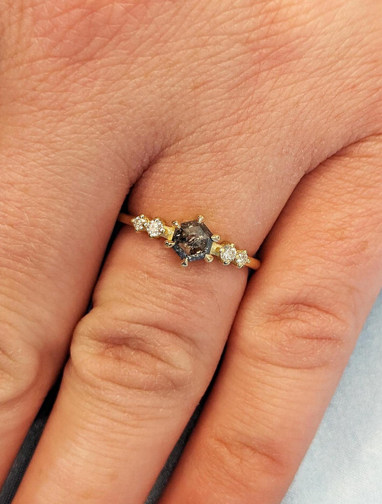Solid Yellow Gold Rings for Women | 14k 18k Gold Diamond Engagement Ring | Hexagon cut Salt and Pepper Diamond