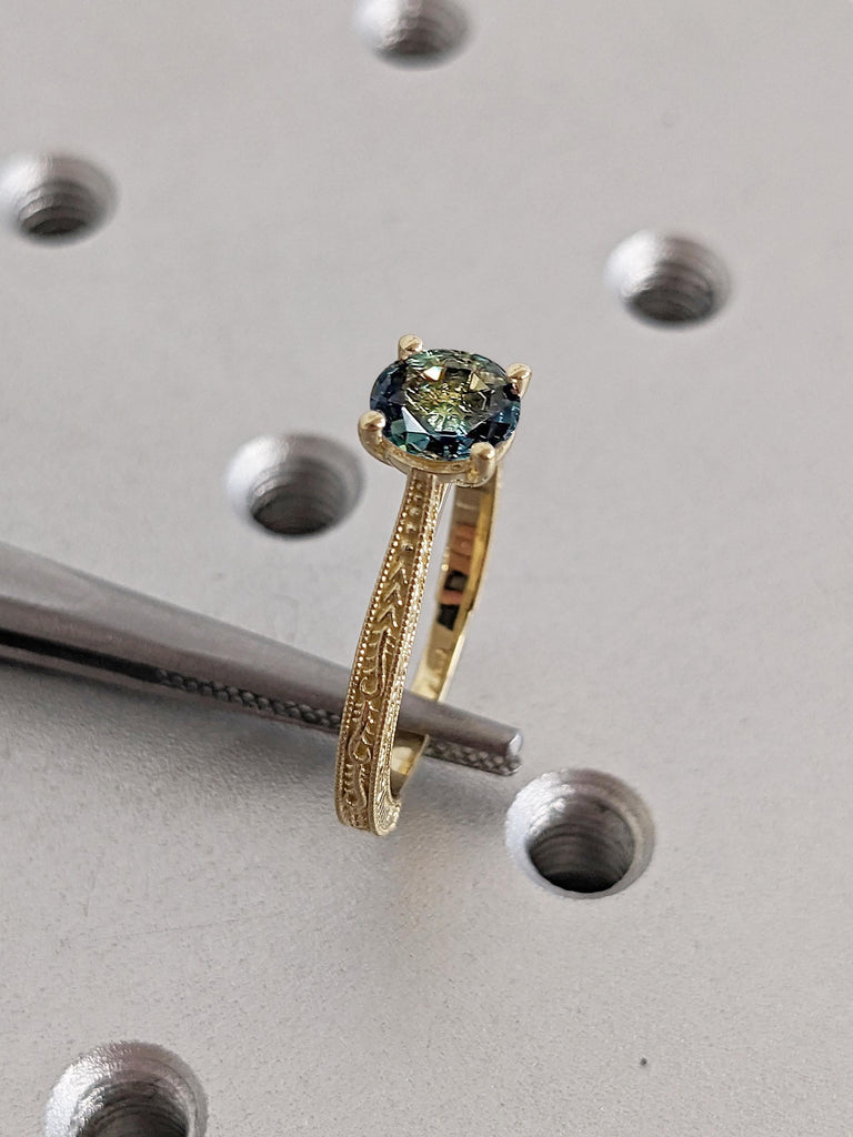 Blue Green Sapphire Ring, Gold Engagement Ring, Solitaire Cathedral Ring, One of a Kind Teal Sapphire Anniversary Ring, Bridal Gift for Wife