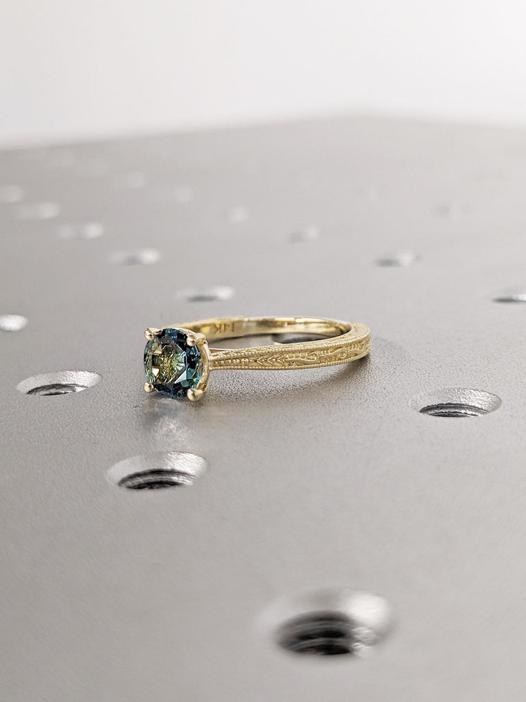 Blue Green Sapphire Ring, Gold Engagement Ring, Solitaire Cathedral Ring, One of a Kind Teal Sapphire Anniversary Ring, Bridal Gift for Wife
