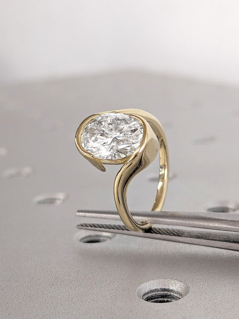 2 Carat Oval Lab Grown Diamond Engagement Ring | 14k 18k Yellow Gold Bypass Engagement Ring | Solitaire Diamond Ring for Women | Bezel Set Ring
