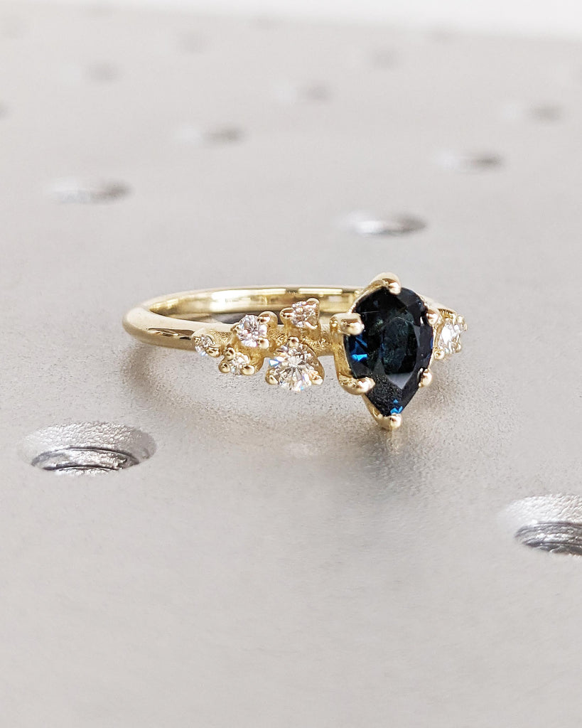 One of a Kind Montana Sapphire Ring, Pear Teal Sapphire, Snowdrift Cluster Ring Six-Prong, Vintage Inspired Peacock Sapphire Engagement Ring