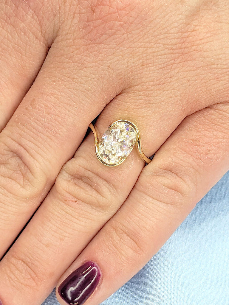 Modern Solitaire Engagement Ring |  Oval Engagement Ring | 14k Gold Man Made Diamond Ring | Yellow Gold Wedding Ring
