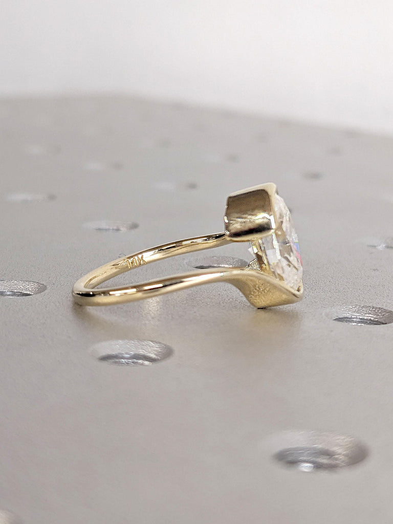 Unique Oval Lab Grown Diamond Engagement Ring | 14k 18k Yellow Gold Bypass Engagement Ring | Solitaire Diamond Ring for Women Bezel Set Ring