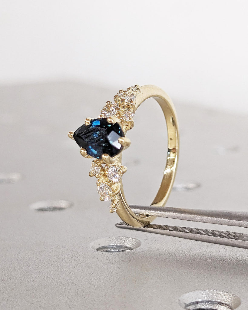 One of a Kind Montana Sapphire Ring, Pear Teal Sapphire, Snowdrift Cluster Ring Six-Prong, Vintage Inspired Peacock Sapphire Engagement Ring